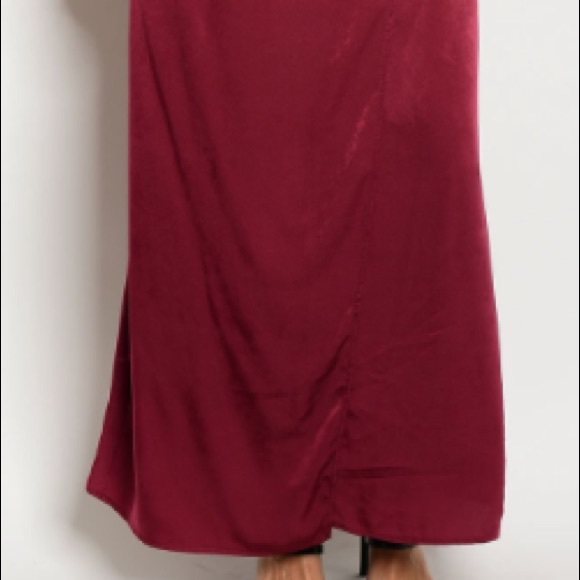 Wine Spaghetti strap wrap front satin maxi dress. - Picture 4 of 6